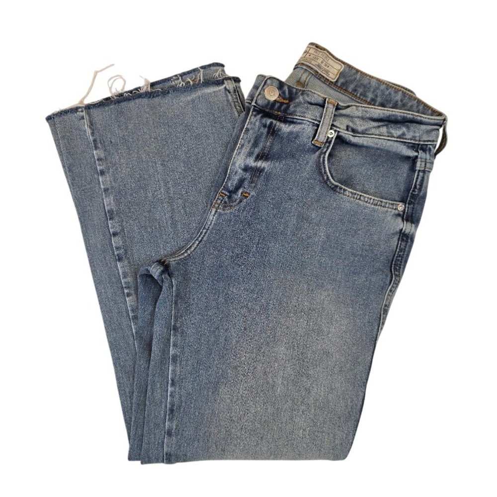 Free People Women's 30 Cropped Kick Flare Jeans Blue Raw Hem Boho Retro